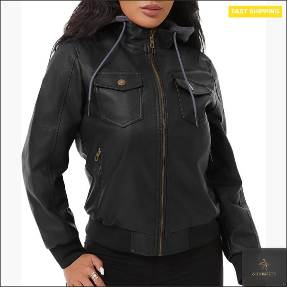 Faux Leather Motorcycle Jacket Waterproof Bomber Fleece Lining Removable Hood